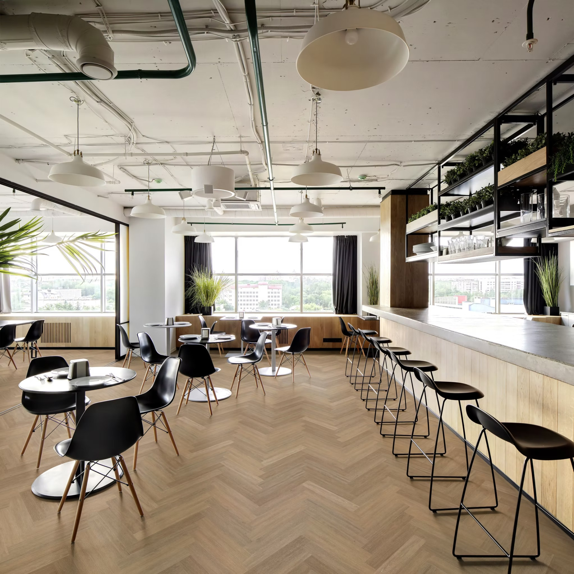 Herringbone flooring in a commercial cafe
