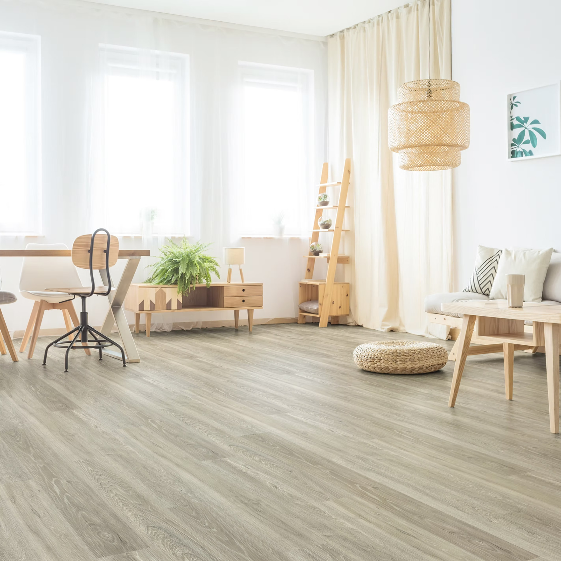 Warm, bright living room with wood-effect flooring